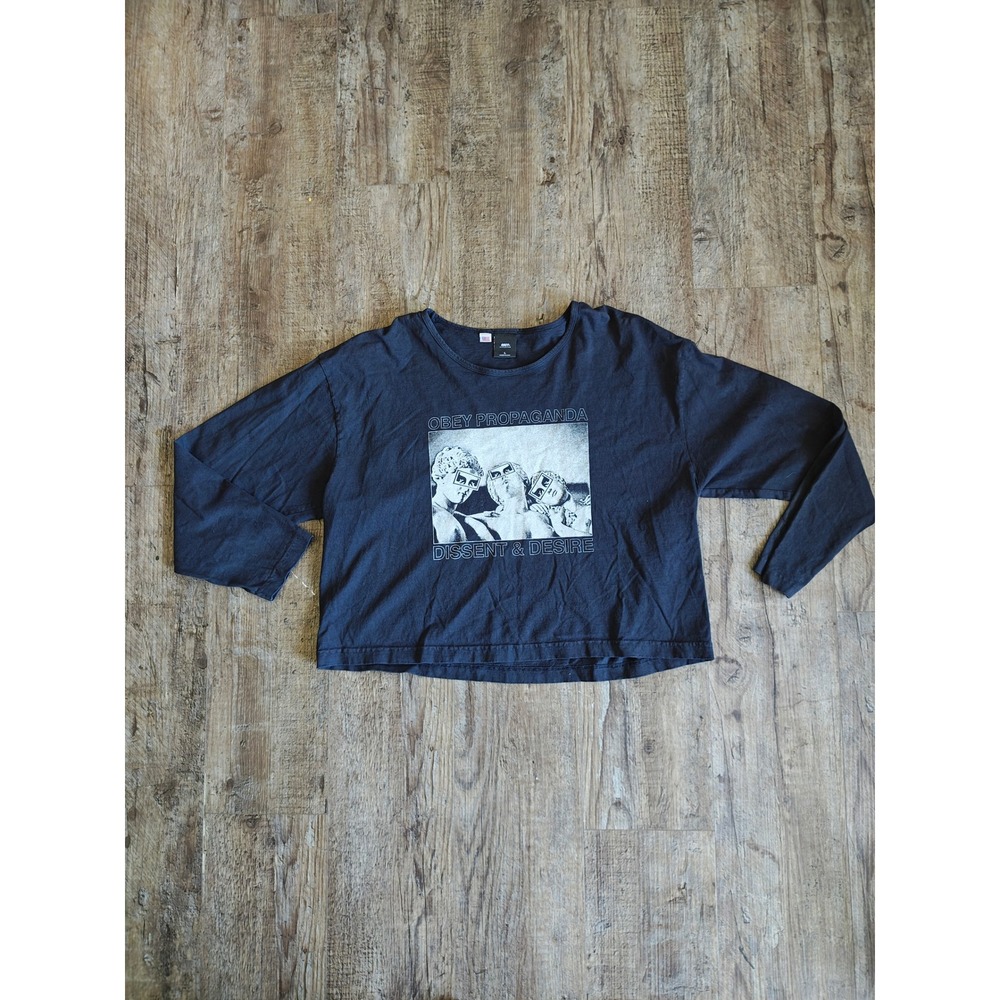Women's Black Cropped Long Sleeve Tee Shirt Obey Graphic Size Large